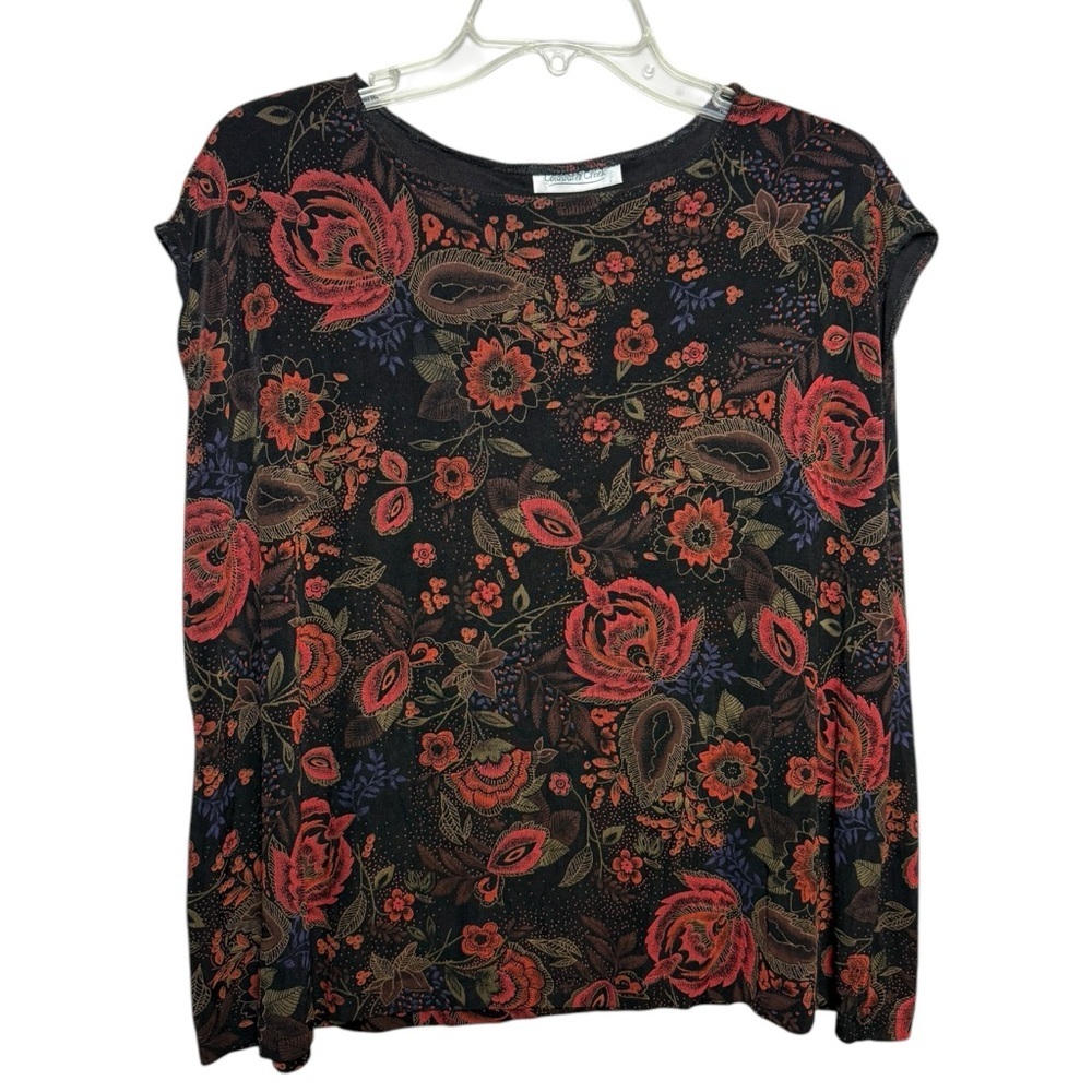 Vintage Dark Floral Short Sleeve Top Size Large XL Black Red